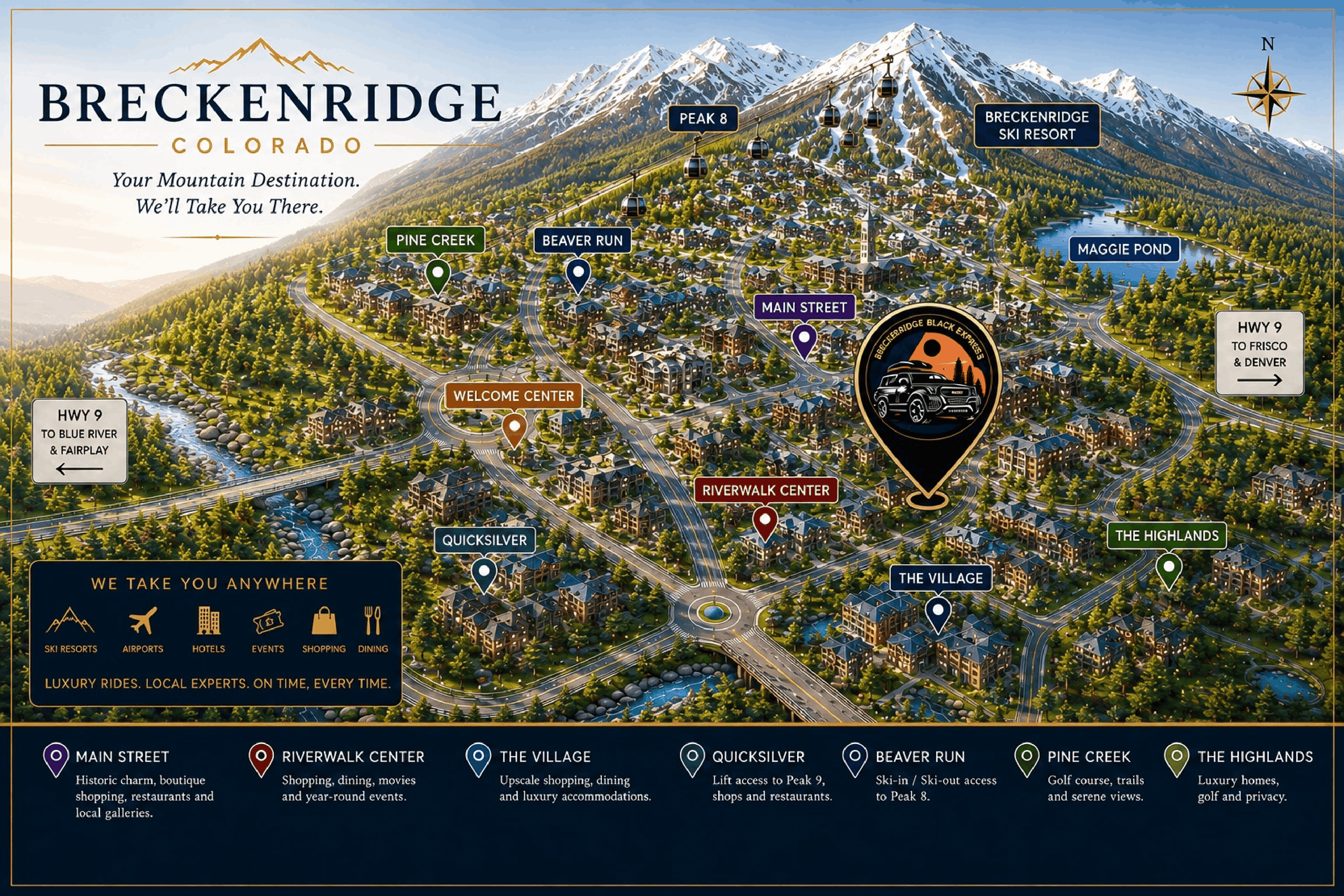 Illustrated map of Breckenridge, Colorado with Peak 8, Main Street, The Village, and Breckenridge Black Express service areas